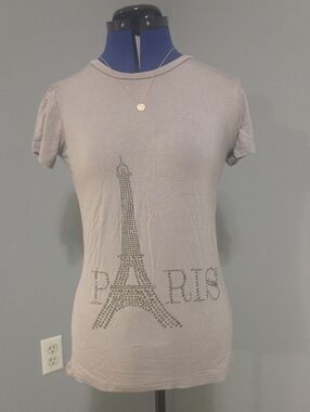 Women's Gray Studded Eiffel Tower Short Sleeve Tee